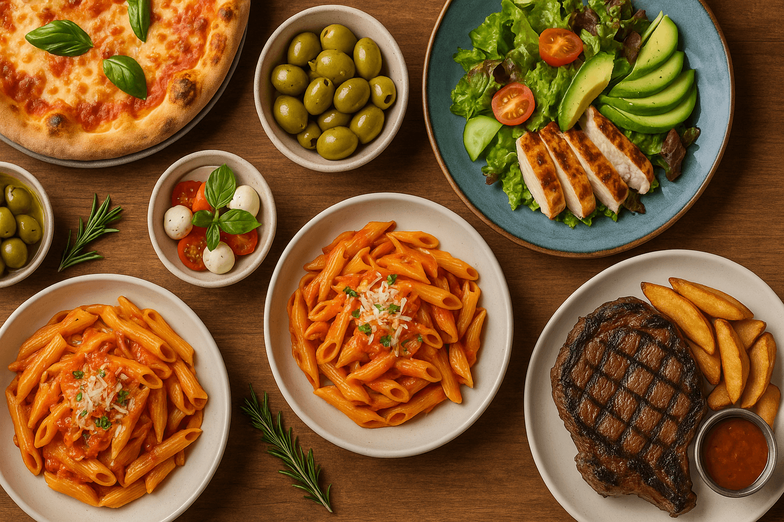 Beautiful Italian-inspired cuisine table spread featuring pizza, pasta, steak, and fresh ingredients